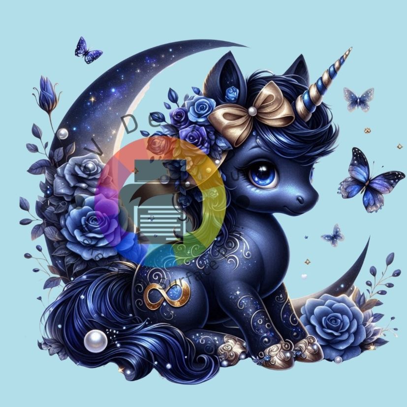 Licorne bleue - lune et roses n° 2