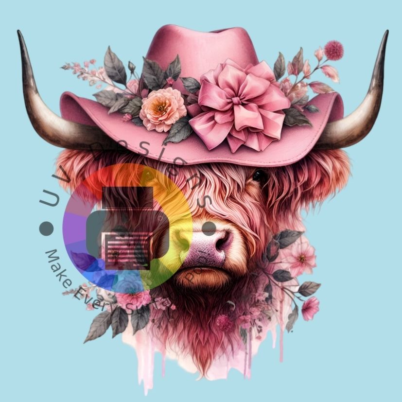 Vache des Highlands avec chapeau rose n° 3