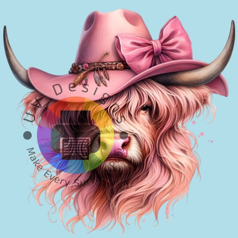 Vache écossaise aux cheveux longs et chapeau rose n° 4