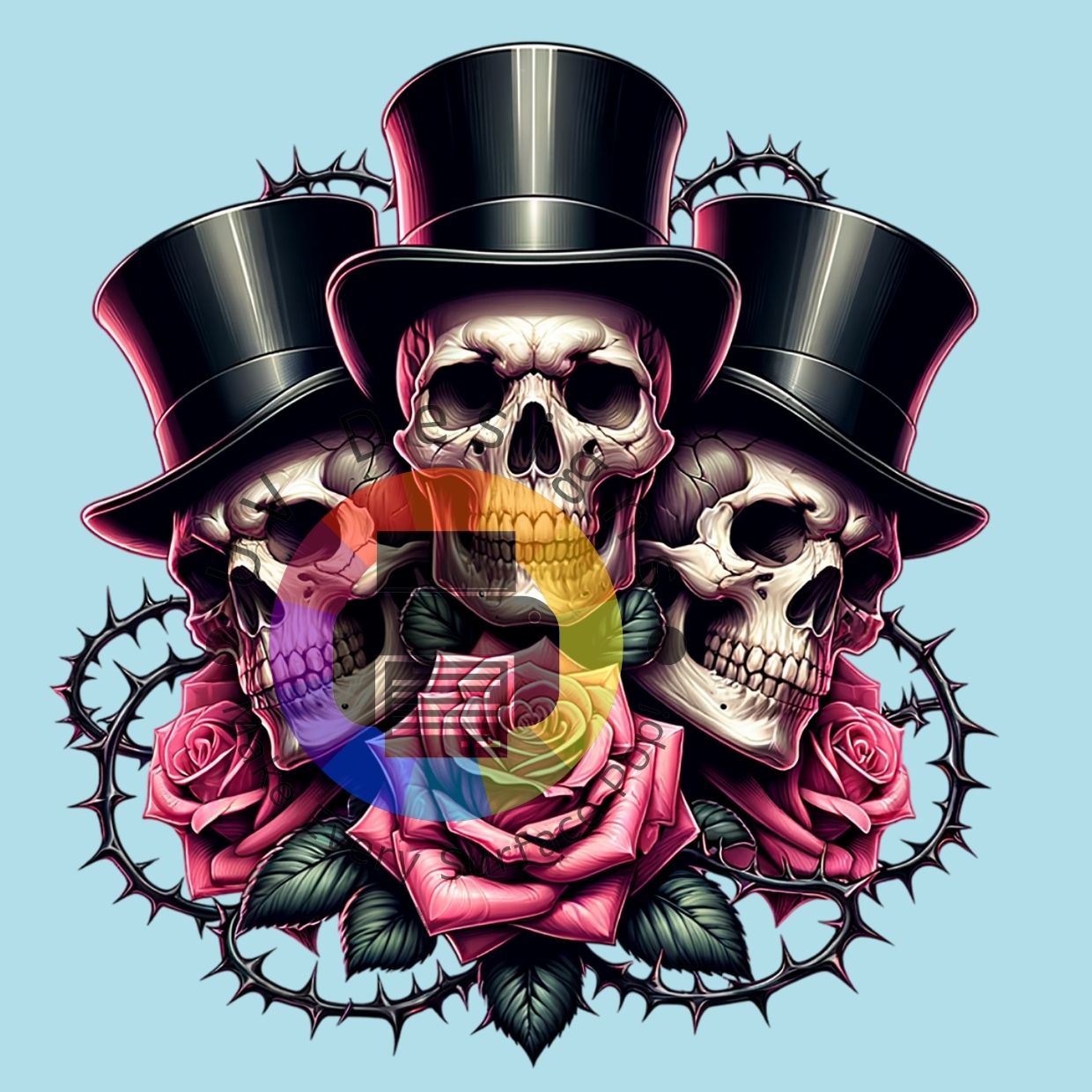 3 crânes avec des chapeaux et des roses roses