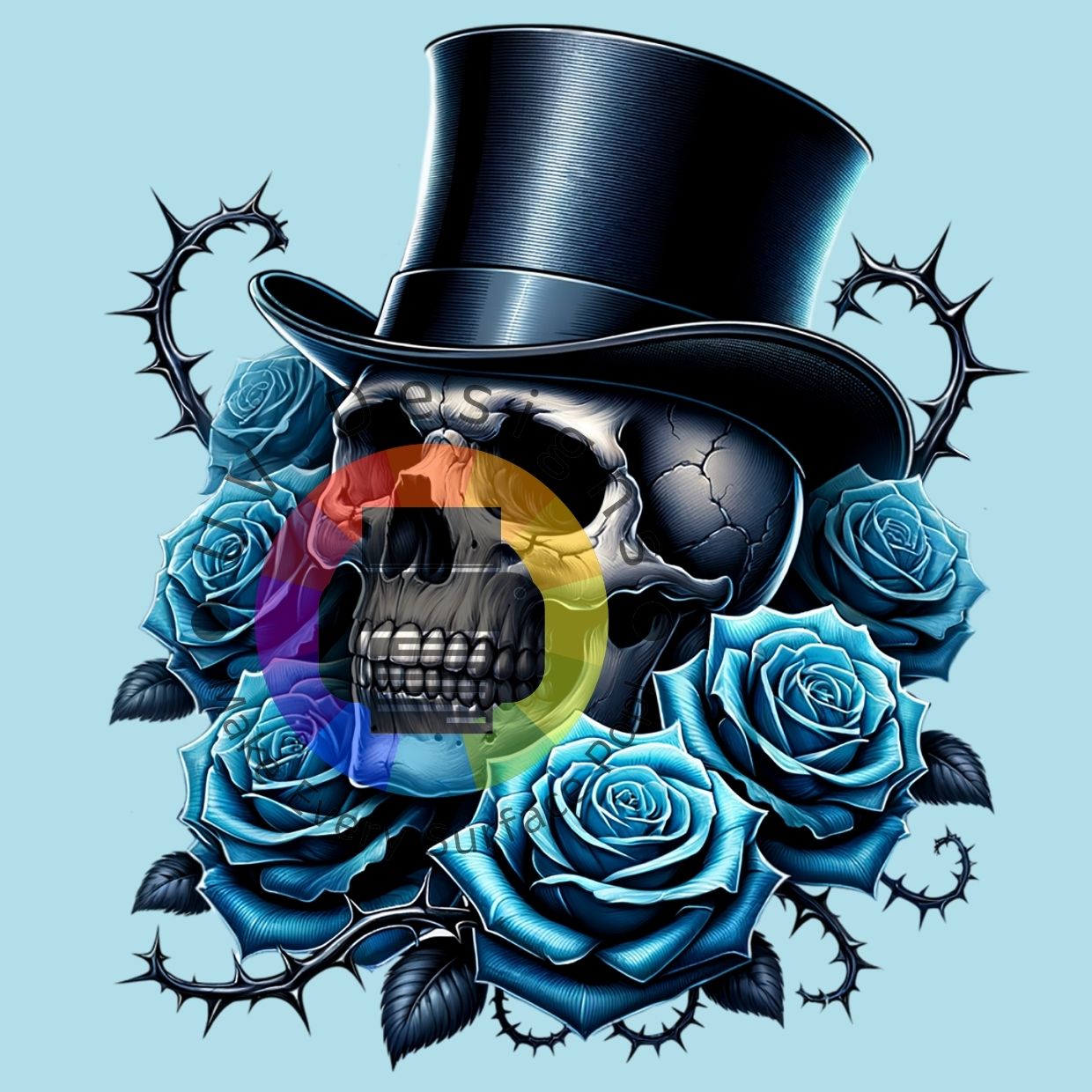 Skull with hat and blue roses