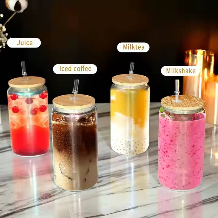 Heldere Glas met Bamboe Deksel en Rietje