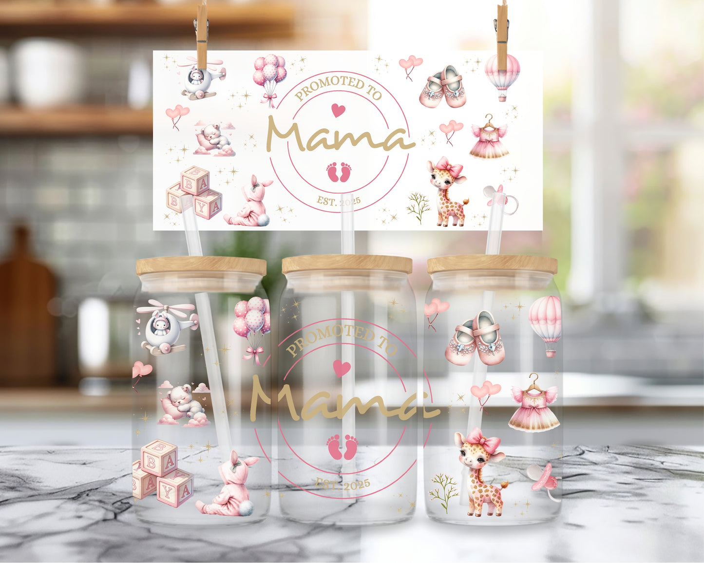 16oz Promoted to Mama - roze ( ENG & FR )
