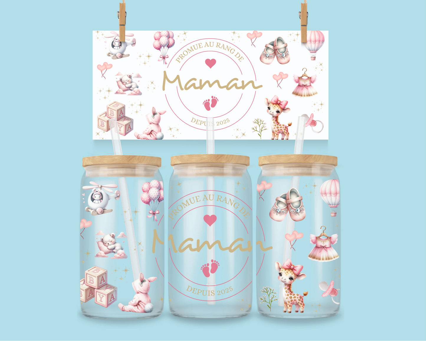 16oz Promoted to Mama - roze ( ENG & FR )