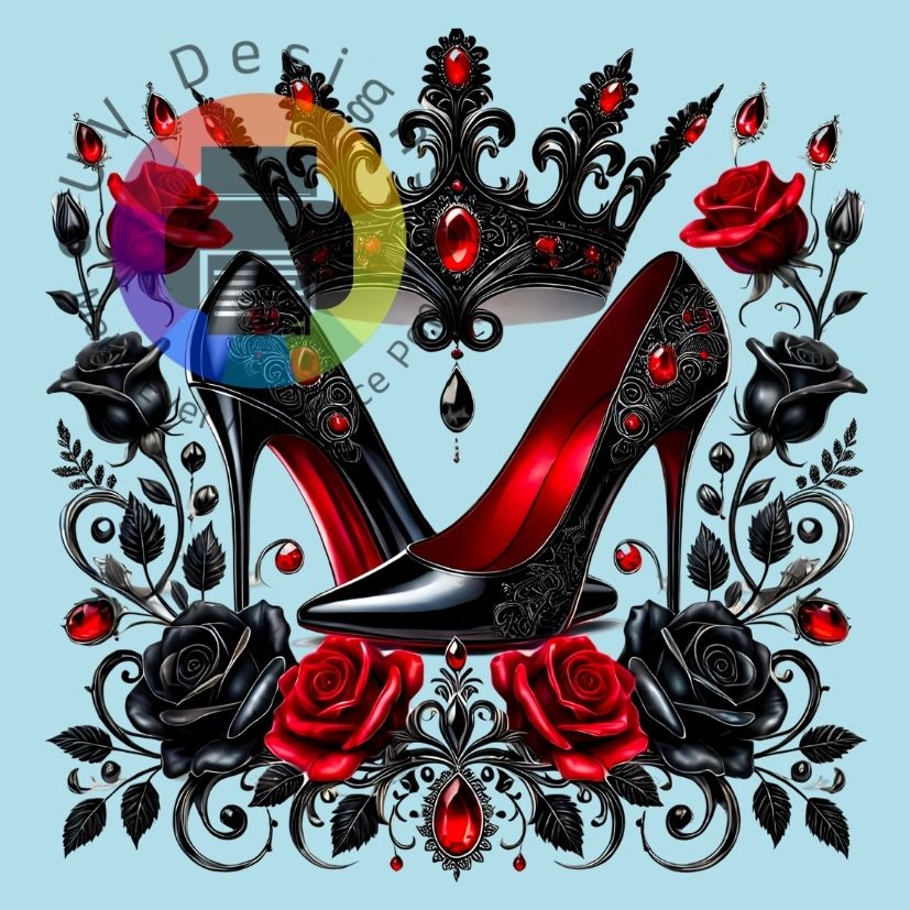 escarpins noirs et rouges avec des roses et une couronne n°1