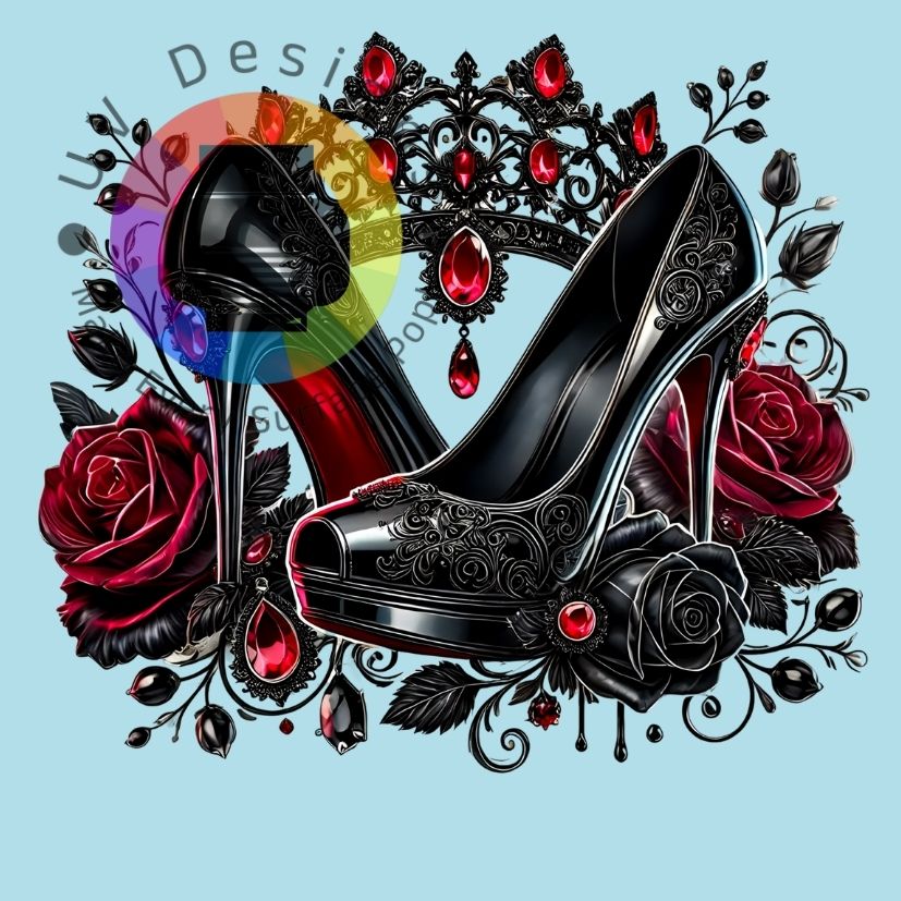 Escarpins noirs et rouges à roses et couronne n° 2
