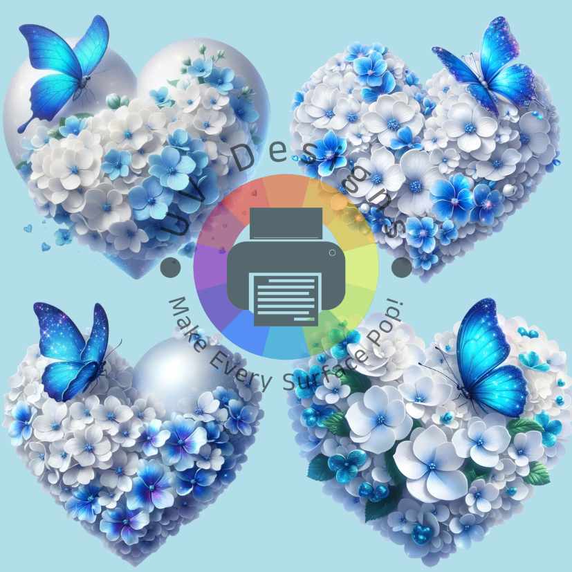 6 cm Hart met wit en blauwe bloemen met vlinder
