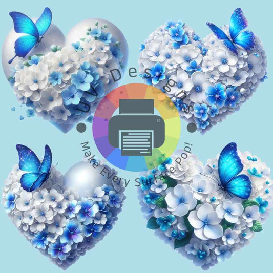6 cm Hart met wit en blauwe bloemen met vlinder