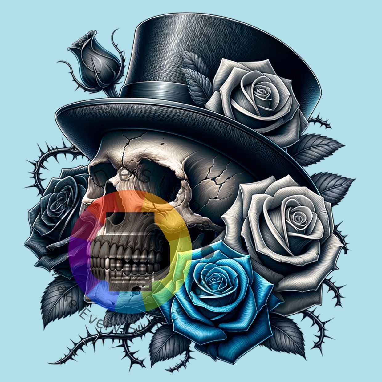 Crâne coiffé d'un chapeau et orné de roses bleu-gris