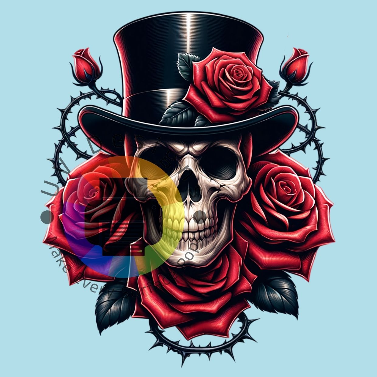 Skull with hat and red roses