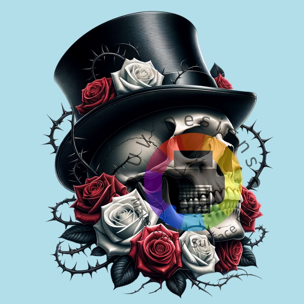 Skull with hat, red and white roses