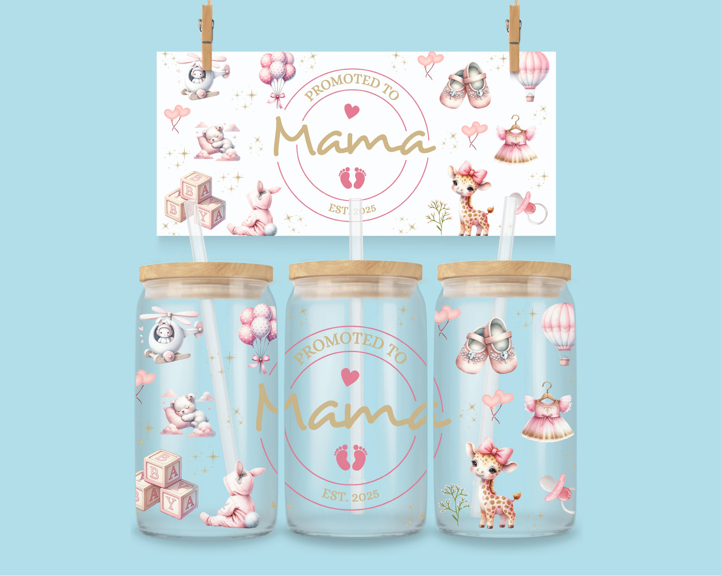 16oz Promoted to Mama - roze ( ENG & FR )
