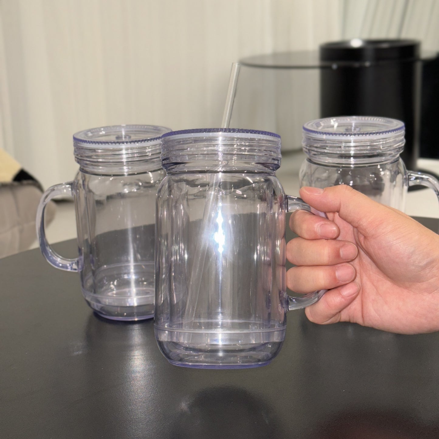 20oz  Snow Globe Mason Jar – Dubbelwandige Transparante Drinkfles met Rietje