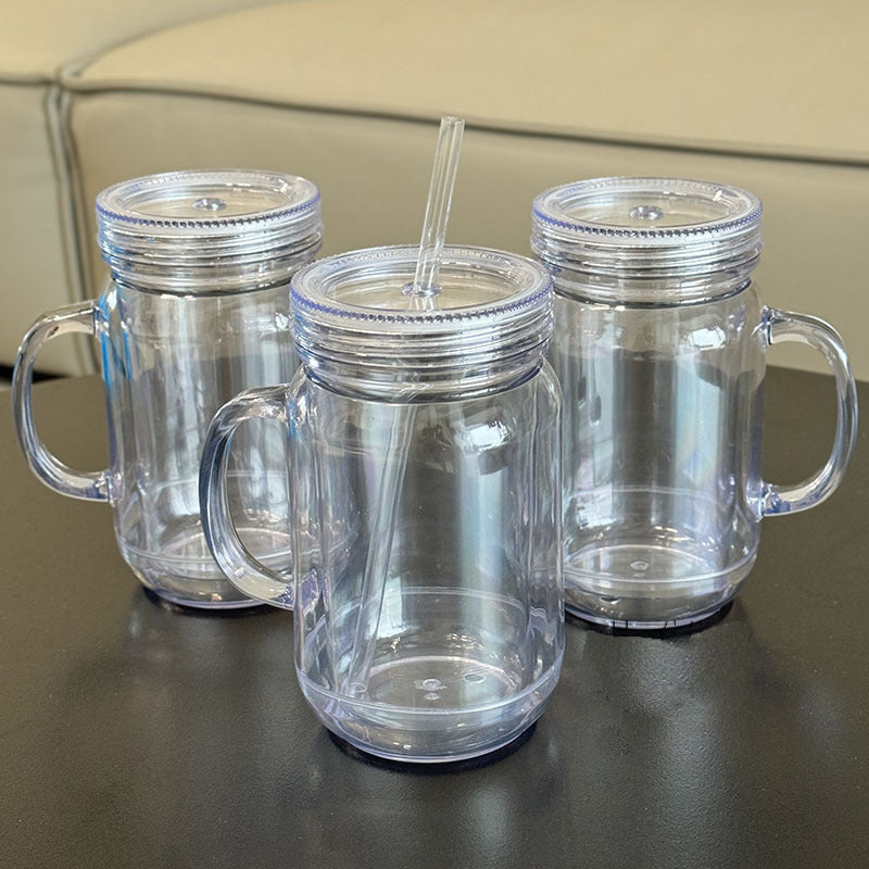 20oz  Snow Globe Mason Jar – Dubbelwandige Transparante Drinkfles met Rietje