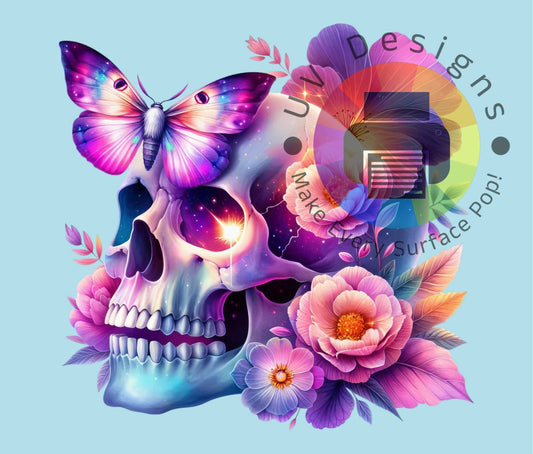 20oz Skull met bloemen en mot - paars roze